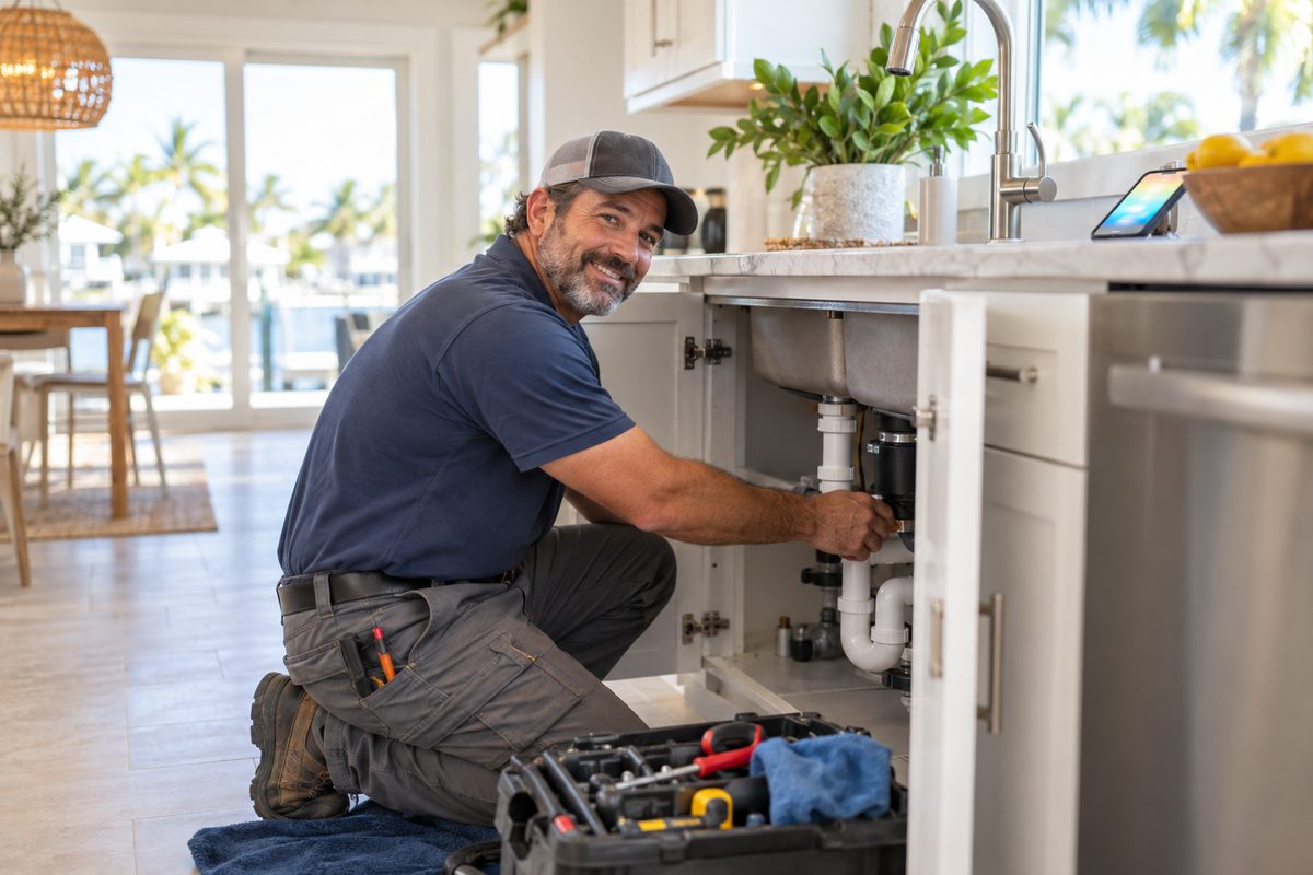 A plumber working under a sink
